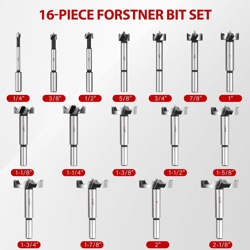 MAZING 16PCS Forstner Drill Bit Set for Woodworking, Auger Opener Round Shank Drilling Cutting Tool, Alloy Steel Ideal for Hard & Soft Wood, Plastic, Plywood - Image 2